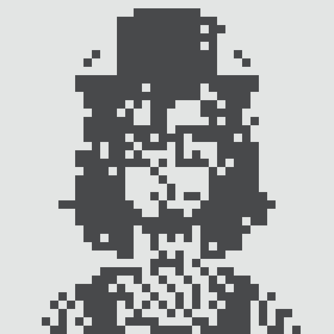A pixelated, dark blue and white graphic portrait depicting a hooded or cloaked figure with obscured facial features, rendered in a low-resolution digital art style.