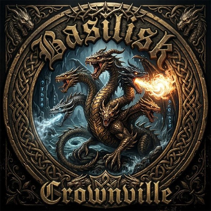 An ornate metallic album cover art featuring a multi-headed hydra/dragon creature breathing fire and water, framed by Celtic-style knotwork with the text 'Asulus' at the top and 'Crownville' at the bottom.