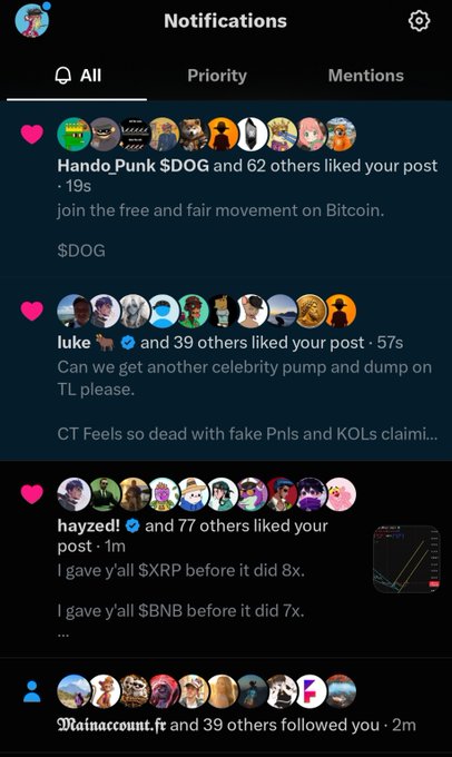 A screenshot of social media notifications showing various likes and follows from crypto accounts like Hando.Punk $DOG, luke, hayzed!, and Mainaccount.ft, with posts mentioning $DOG, $XRP, and $BNB.