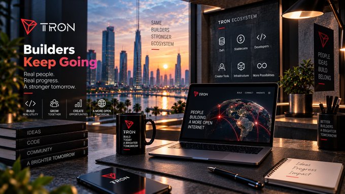 A promotional image for TRON features a laptop, mug, and notebook on a desk displaying the text 'Builders Keep Going', 'Real people. Real progress. A stronger tomorrow.', and 'TRON ECOSYSTEM' with icons for DeFi, Stablecoins, and Developers.
