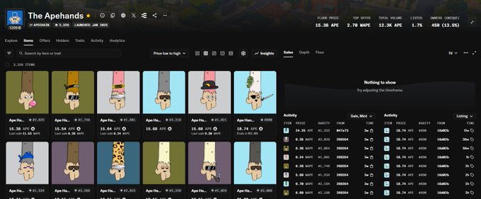Screenshot of an NFT marketplace listing 'The Apehands' collection with items priced around 15.38 to 15.54 APE and a floor price of 15.38 APE.
