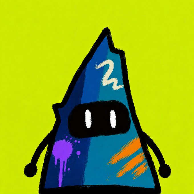 A graffiti-style cartoon character resembling a blue triangular shape with a black bandit mask, a white squiggle, and paint splatters on a bright yellow-green background.