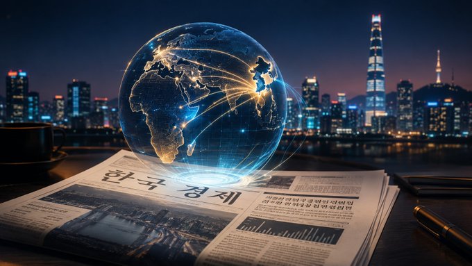 A glowing blue holographic globe displaying a world map hovers above a newspaper with Korean text (한국 경제), set against a nighttime cityscape skyline.