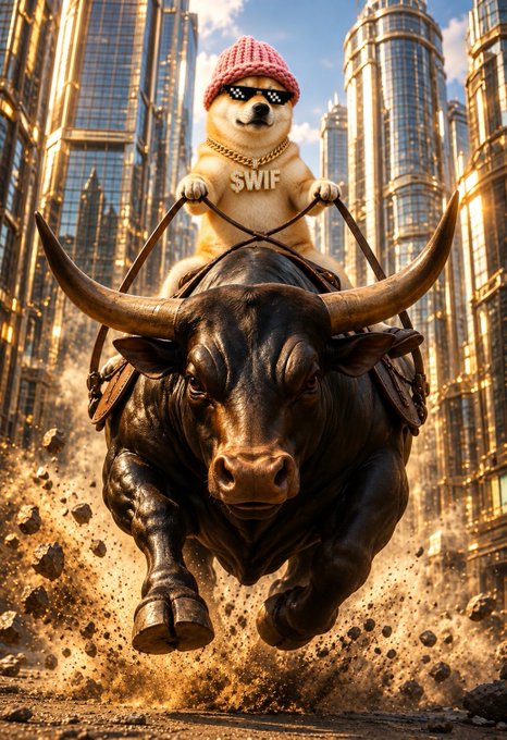 An image of Dogecoin's Shiba Inu mascot wearing pixelated sunglasses, a pink beanie, and a "SWIF" gold chain, riding atop a charging bull against a city skyline.