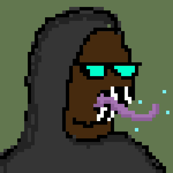 A pixel art illustration of a hooded figure with glowing cyan eyes, holding purple smoke or energy in their mouth against a green background.