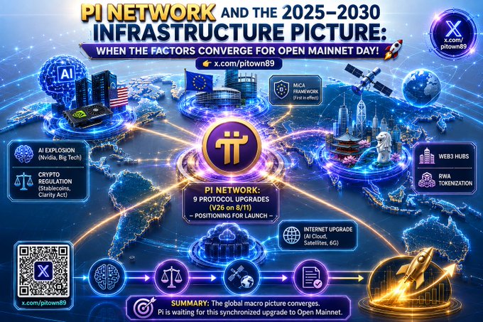 A futuristic infographic titled 'PI NETWORK AND THE 2025-2030 INFRASTRUCTURE PICTURE: WHEN THE FACTORS CONVERGE FOR OPEN MAINNET DAY!' showing global connections with labels like 'AI EXPLOSION', 'CRYPTO REGULATION', and '9 PROTOCOL UPGRADES' over a world map.