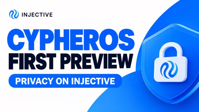 A blue and white promotional image for 'CYPHEROS FIRST PREVIEW' featuring 'PRIVACY ON INJECTIVE' with a lock icon.