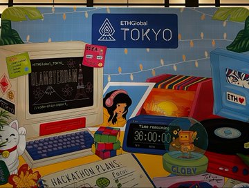 An illustrated promotional graphic for ETHGlobal TOKYO featuring retro computers, a fortune-telling machine, and various hackathon elements.