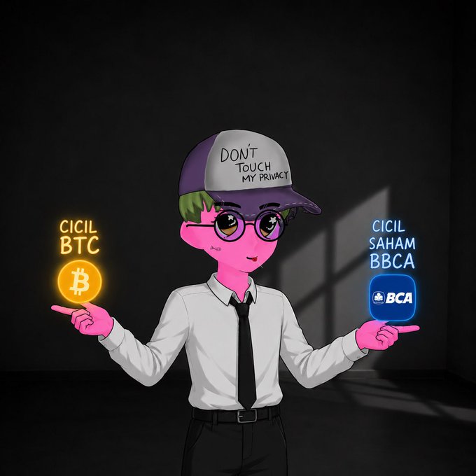 The image features an anime-style character with pink skin, green hair, and round glasses, wearing a cap that reads "DON'T TOUCH MY PRIVACY," pointing to two glowing options: "CICIL BTC" with a Bitcoin logo on one side and "CICIL SAHAM BBCA" with the BCA logo on the other. The illustration reflects the post's theme of choosing between traditional investments like BBCA stocks/mutual funds versus Bitcoin as an alternative savings option for the children's education fund.