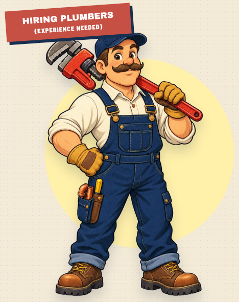 A cartoon advertisement illustration of a mustachioed plumber in blue overalls holding a red pipe wrench, with a red banner reading 'HIRING PLUMBERS (EXPERIENCE NEEDED)'.