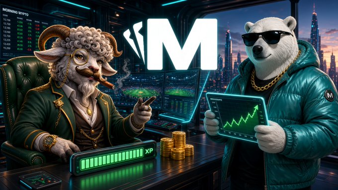 A digital illustration showing an anthropomorphic goat in a suit smoking a cigar and a bear in sunglasses and a teal jacket, both in a trading room with a large "M" logo, computer screens, and a progress bar labeled "XP".