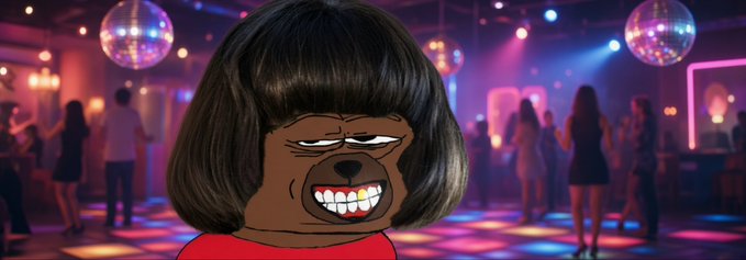 A cartoon-style dog character with a black bob haircut, gold teeth, and a red shirt is shown in front of a nightclub background with disco balls and people dancing under purple lighting.