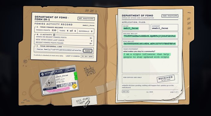 A faux official document titled 'DEPARTMENT OF FOMO FORM ER-1' showing a fictional 'Fomies Activity Record' and application details for a 'crypto influencer' under the name 'mail.fei'.