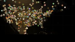 Abstract visualization showing a cluster of small colorful dots forming a shape resembling the United States map against a black background with a grid pattern.