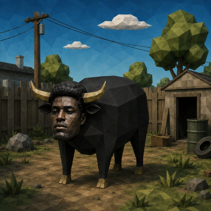 Low-poly 3D digital art illustration of a black bull with golden horns, featuring a human face, standing in a rural farm setting with a wooden shed, barrels, and trees in the background.