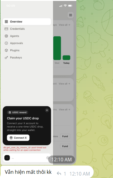 The image shows a mobile app interface with a "USDC reward" notification prompting the user to "Claim your USDC drop" by connecting their X account, alongside a side menu displaying options like Overview, Credentials, Agents, Approvals, Plugins, and Passkeys. A Reddit-style comment from user "do_get_user_by_moonx_id" timed out while waiting for an open connection, suggesting this screenshot relates to the user's frustration about low-value airdrops, where users spend effort claiming only $2-3 in rewards.