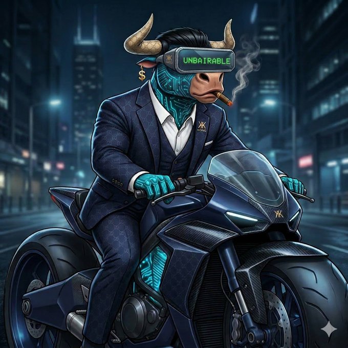 A cybernetically enhanced bull wearing a suit sits on a sleek motorcycle, with a VR headset displaying "UNBAIRABLE," embodying the unstoppable, bullish spirit of future billionaires.