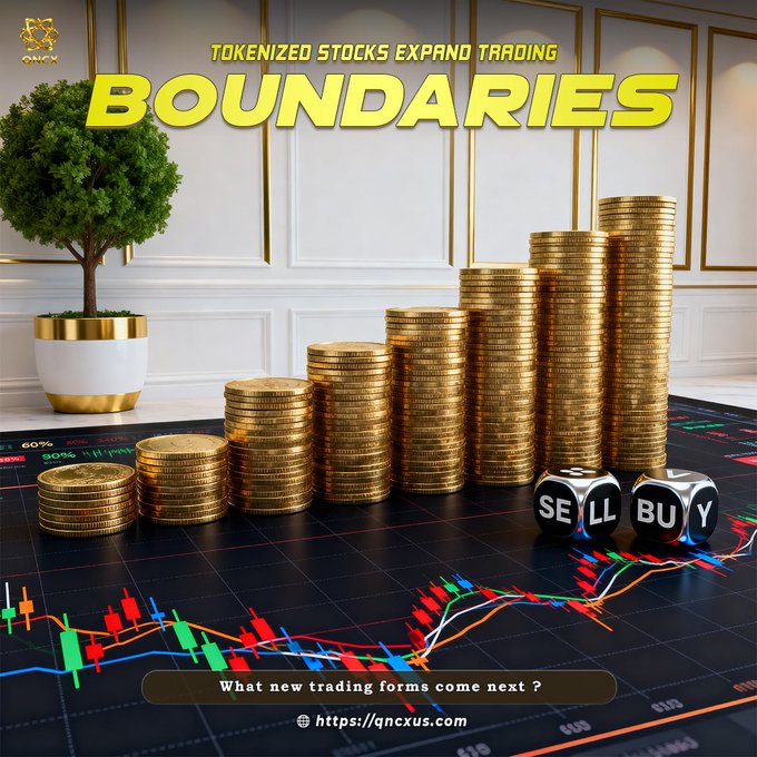 A stack of gold coins ascending in size alongside "SELL" and "BUY" dice rests on a candlestick trading chart, with the headline "TOKENIZED STOCKS EXPAND TRADING BOUNDARIES" and the website "qncxus.com" displayed, visually reinforcing the post's theme of new trading options emerging from tokenized stocks.