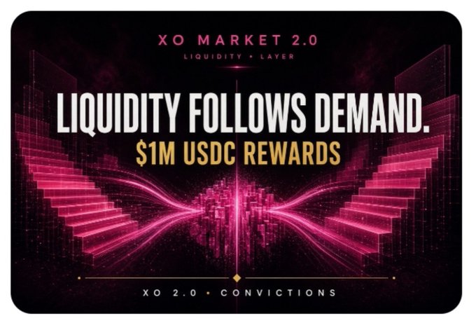 A promotional graphic for "XO MARKET 2.0" reads "LIQUIDITY FOLLOWS DEMAND. $1M USDC REWARDS" against a dark background with pink and purple digital wave effects, labeled "XO 2.0 • CONVICTIONS".