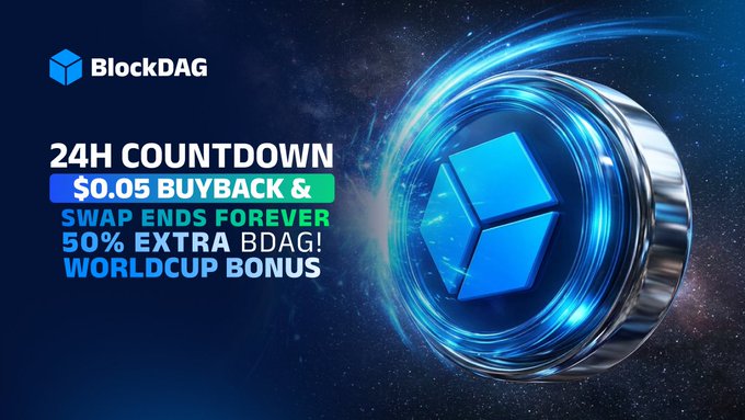 The image is a BlockDAG promotional graphic featuring the text "24H COUNTDOWN: $0.05 BUYBACK & SWAP ENDS FOREVER, 50% EXTRA BDAG WORLDCUP BONUS" alongside a glowing blue blockchain cube against a cosmic background, reinforcing the post's urgent message about the final 24 hours of the buyback and direct swap offer with a World Cup bonus.