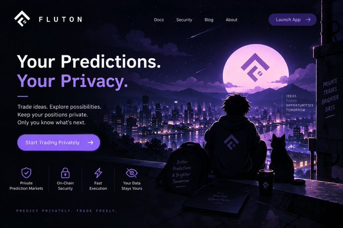 A dark-themed website hero banner for 'FLUTON' displays 'Your Predictions. Your Privacy.' over an anime-style cityscape with a large moon.