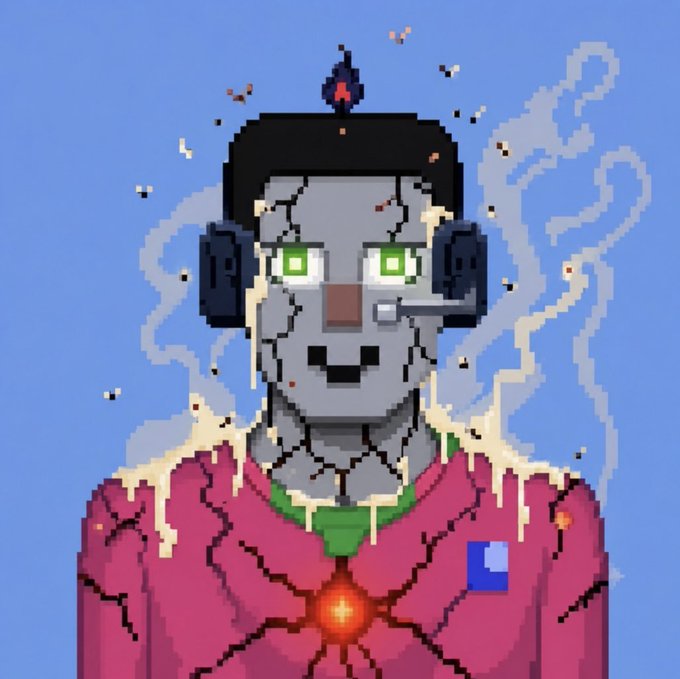 Pixel art portrait of a damaged, cracking grey-skinned cyborg or robot with glowing green eyes and a headset, wearing a pink jacket.