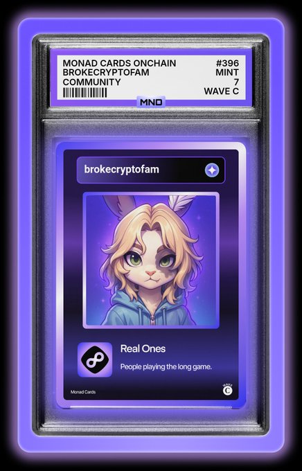 A digital collectible card titled 'MONAD CARDS ONCHAIN #396 BROKECRYPTOFAM' featuring an anime-style bunny character, labeled as part of MINT 7, WAVE C.