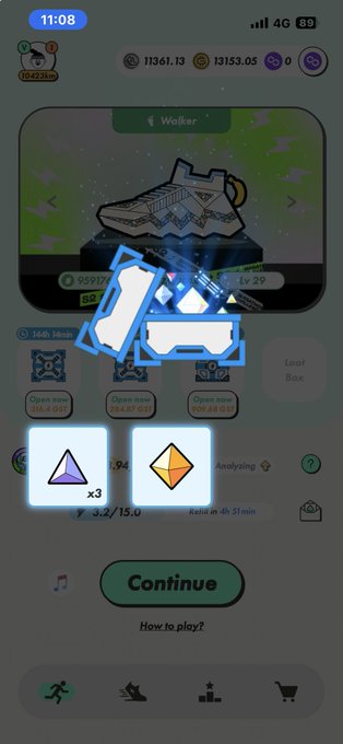 The image shows an iPhone screen displaying a game interface for a P-country box opening game. The game appears to be about collecting shoes from different countries. There are two options displayed, one with a blue triangle and another with a yellow diamond shape. A button labeled "Continue" is also visible on the screen.
