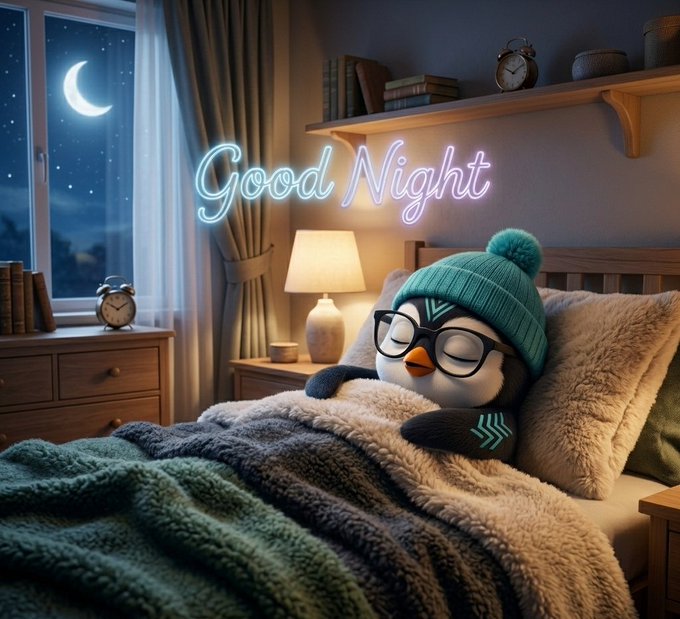 The image features a penguin sleeping peacefully on a bed with a green blanket. The background of the image shows a window that has a crescent moon and stars, creating a serene atmosphere for the scene. The text "Good night" is displayed above the penguin's head, suggesting it might be a nighttime message or greeting from someone else.