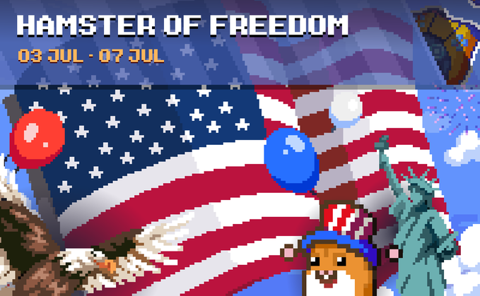 A pixel art promotional graphic titled "HAMSTER OF FREEDOM" (03 JUL - 07 JUL) featuring a hamster wearing an Uncle Sam hat in front of an American flag, the Statue of Liberty, and a bald eagle, advertising a 12-hour multiplier event where players progress through Chains of Freedom stages toward an ultimate goal of 15,000,000,000 Gh/s with a 125% bonus.