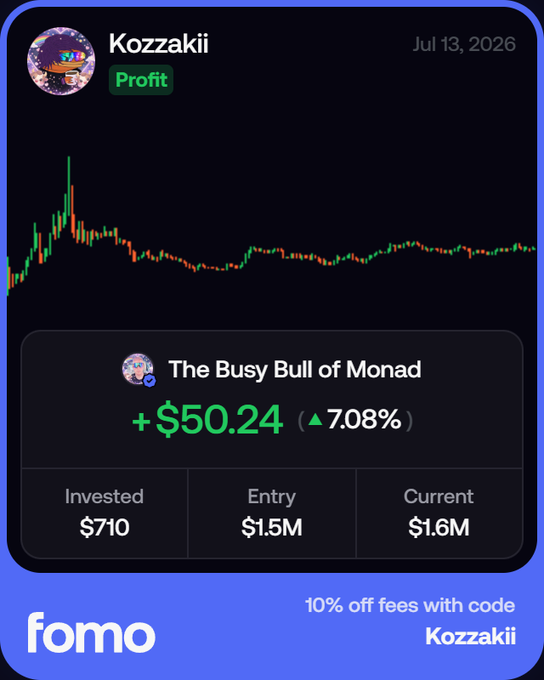 The image shows a Fomo trading profile for "Kozzakii" displaying a profit card titled "The Busy Bull of Monad" with a gain of +$50.24 (▲7.08%), showing $710 invested at a $1.5M entry now valued at $1.6M, with a promo offering 10% off fees using code "Kozzakii." The chart and bullish profile reference "Gbusy," tying into the post's suggestion that the trader is holding for an airdrop with a bigger-picture outlook beyond just short-term gains.