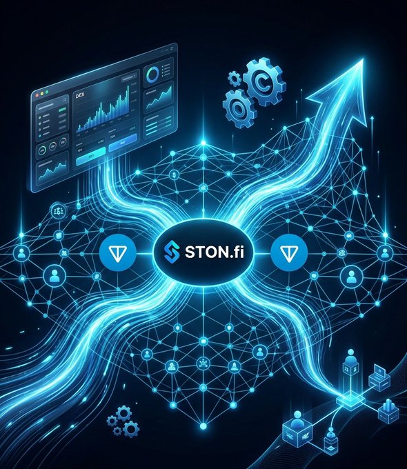 The image features an impressive digital artwork composed primarily of blue lines that create a complex network-like pattern across the poster's surface. In the center of this abstract design, there are icons representing the StONFI blockchain, symbolizing its significance within the DeFi landscape. The background of the painting is black and illuminated by bright white lights, adding depth to the overall composition. Below these elements, a post announcing "Hello Web3! This is a major milestone in the journey of growing DeFi within the @ton_blockchain ecosystem" can be seen.