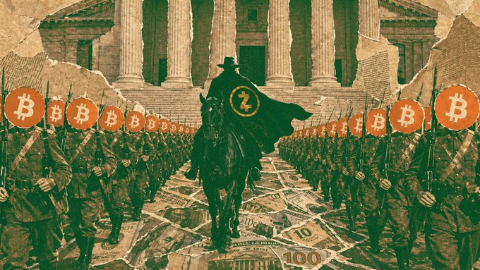 A Zcash-clad figure on horseback stands before a colonnaded building, flanked by ranks of Bitcoin (₿) soldiers standing on dollar bills with a "100" visible, symbolizing the relationship between the two cryptocurrencies as rival yet related stores of value, reflecting the post's point that Zcash is a Bitcoin fork and both serve as decentralized assets.
