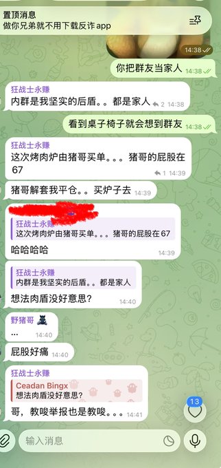 A Chinese group chat screenshot shows members joking about "hog roast buttocks" with timestamps from 14:38-14:41, featuring nicknames like "狂暴士永赚" and "野猪哥," unrelated to the accompanying post about household renovations.