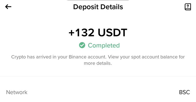 A mobile app deposit confirmation screen showing '+132 USDT' marked as 'Completed' on the BSC (Binance Smart Chain) network.