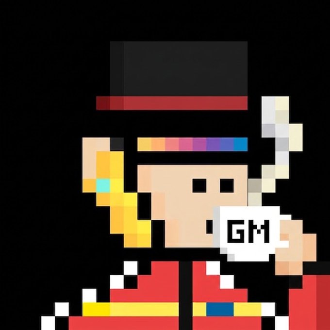 A pixel-art character wearing a black top hat and red outfit holds a white sign reading 'GM' in a speech bubble, with a golden object on the left side.