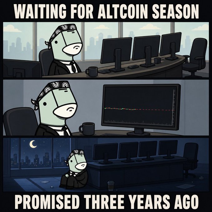 A three-panel comic features the "Sad Doge" character waiting at a desk with computers, captioned "WAITING FOR ALTCOIN SEASON" at the top and "PROMISED THREE YEARS AGO" at the bottom.