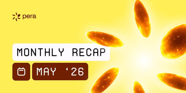 The image features a yellow background with white text that reads "Monthly Recap May 26". The text also includes a small image of a sunburst, which appears to be a representation of the sun's rays. The caption below the image states "Catch all our updates from May in our latest Pera Monthly Recap Similar to r/AlgorandOfficial".