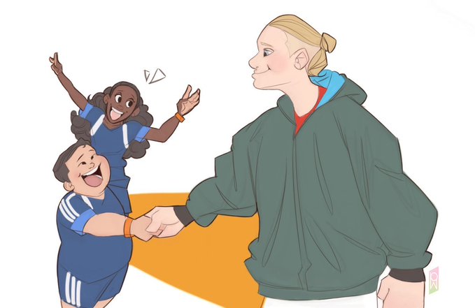 A cartoon illustration shows two excited children in soccer uniforms greeting a tall blonde woman with a handshake, who is wearing an oversized green jacket.