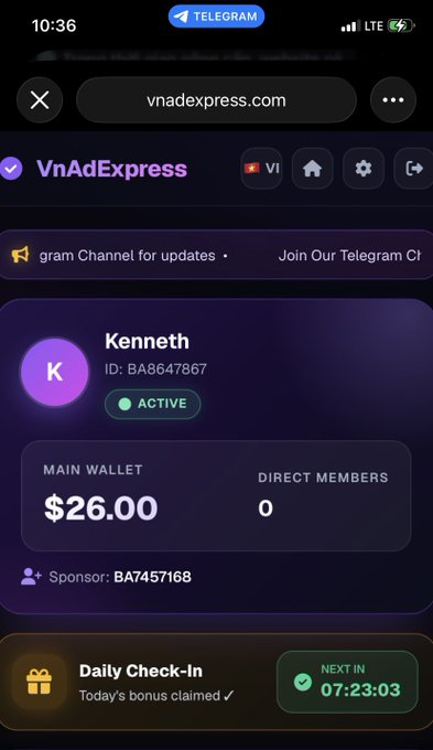 Screenshot of a VnAdExpress account dashboard showing user Kenneth (ID: BA647867) with an active status, a main wallet balance of $26.00, zero direct members, and a daily check-in bonus already claimed with the next bonus available in 07:23:03.