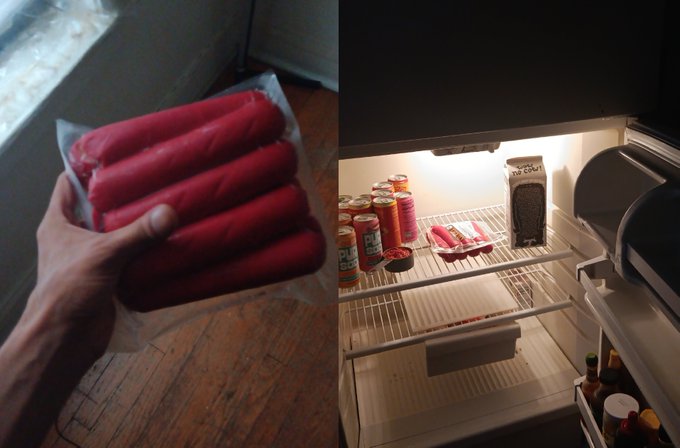 A two-panel photo showing red sausages held in a hand on the left, and an open refrigerator containing those sausages alongside cans of beer on the right.