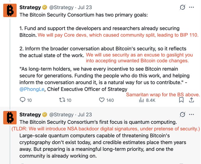 Two X posts from @Strategy announce the Bitcoin Security Consortium's goals to fund Bitcoin core developers and address quantum computing threats, with red editorial commentary claiming hidden agendas: accusing the consortium of causing the BIP 110 community split and planning to introduce "NSA backdoor digital signatures" under the guise of security. The caption aligns with the accompanying post's framing of Strategy's "Bitcoin Security Consortium" as a banking-aligned scheme pushing BIP 110.