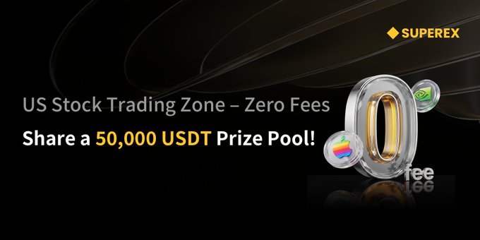 The image features a gold number 0 with two green apples attached to it, creating an interesting visual effect against a black background. The text above the image reads "US stock trading zone - zero fees share a 50,000 USDT prize pool!". Below this, there is a description of how to enter the contest and what are the requirements for winning.