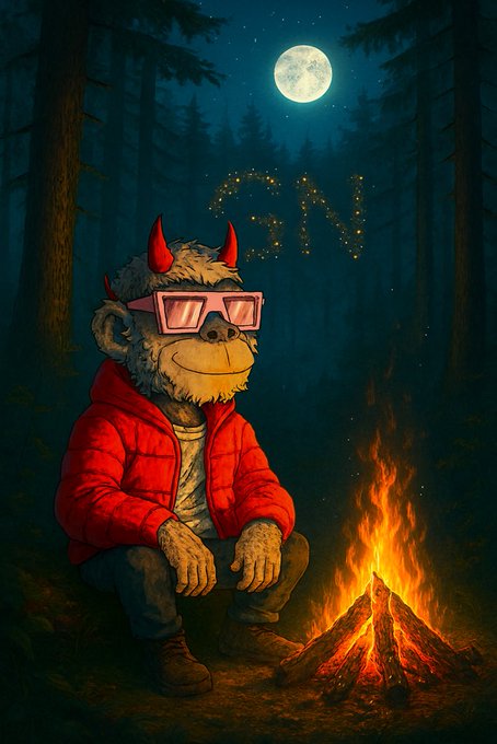 An illustration of a furry devil-like character with red horns and pink sunglasses sitting by a campfire in a forest at night, with 'GME' spelled out in glowing lights in the background.