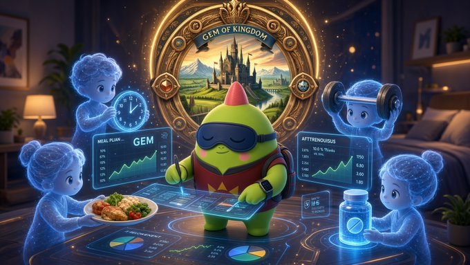 A green digital character wearing sunglasses and a smartwatch stands in a fantasy setting with holographic blue figures, floating screens displaying data like 'MEAL PULAN' and 'ASTRONOMUS', and a glowing portal labeled 'GEM OF KINGDOM'.