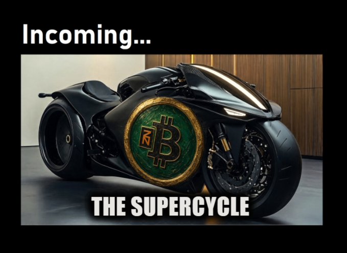 The image shows a sleek black futuristic motorcycle dubbed "THE SUPERCYCLE," featuring a prominent Bitcoin (₿) logo on its side panel, with "Incoming..." text above. The post humorously mashes up Bitcoin with a motorcycle to create "ZENON," teasing the arrival of the ZNN ($ZNN) and $QSR tokens as a "supercycle" event for crypto holders.