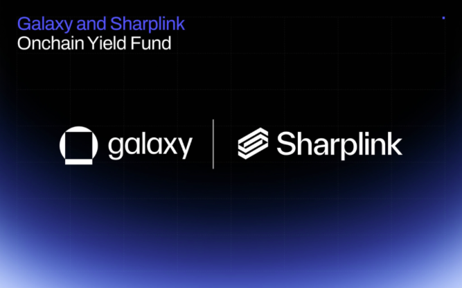 The image displays a dark slide with the text "Galaxy and Sharplink Onchain Yield Fund" alongside the logos of both companies, visually promoting their partnership. This aligns with the post announcing the launch of a new yield fund between Sharplink and Galaxy, focused on making ETH productive.