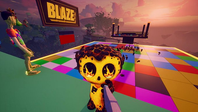 A 3D animated scene showing a character with large flame-like eyes holding a sword, standing on a colorful checkered platform, with another character in the background and a sign reading 'BLAZE'.