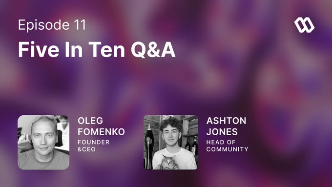 A promotional thumbnail for "Episode 11: Five In Ten Q&A" featuring Oleg Fomenko (Founder & CEO) and Ashton Jones (Head of Community) in black-and-white photos against a purple blurred background, with the WAX logo in the top right corner, advertising the live Q&A episode covering community questions and SWEAT updates.