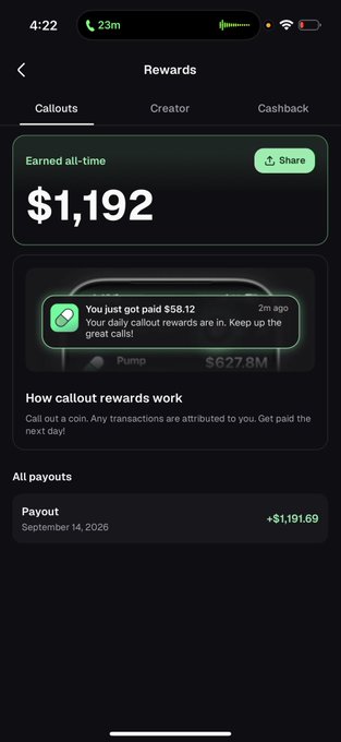 The image shows a Pump.fun Rewards screen displaying all-time earnings of $1,192, with a notification reading "You just got paid $58.12" and an all payouts entry showing a $1,191.69 payout dated September 14, 2026. This screenshot directly supports the post's claim of earning over $1,000 on a first day with a small account, visually verifying the $1,192 reward amount mentioned.